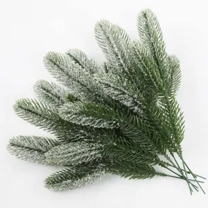 Artificial Pine Branches With Snowflake Flocking Christmas Tree Decoration Green Plastic Three Fork Pine Needles For DIY Wreath Winter Home Decor