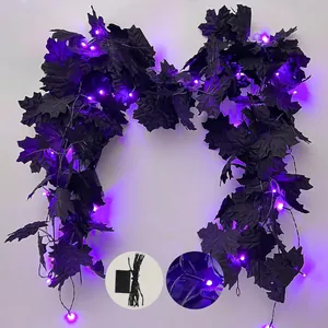 Black Maple Leaf Halloween Garland With Purple LED Lights Artificial Gothic Fabric Vine For Mantel Stairs Party Home Decor
