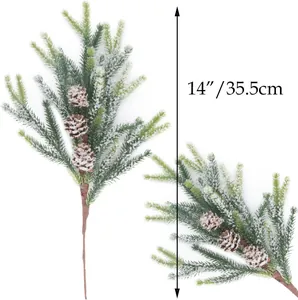 Artificial pine branches with pine cones and white snow finish, 14 inch holiday decor