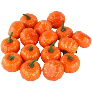 Set of 16 artificial orange foam pumpkins with green stems for Halloween home decoration