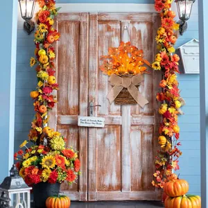 Autumn front door hanging basket with sunflowers, maple leaves, and 20 warm LED lights