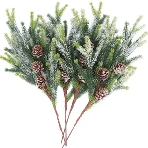 Artificial Christmas Pine Branches With Snow Flocked Pine Cones For DIY Wreath Garland Tree Decoration Winter Holiday Home Decor