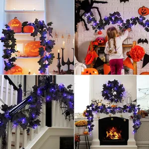 Black Halloween maple leaf garland with purple LED lights for spooky indoor home decoration