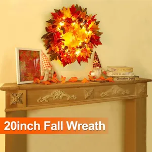 20-inch Fall wreath with LED lights, maple leaves and pinecones for front door decoration