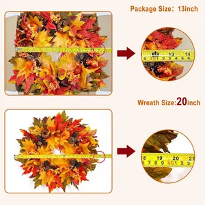 20 inch autumn wreath with maple leaves and pumpkins showing size and packaging details