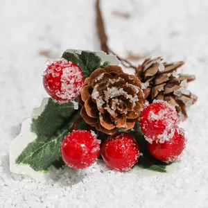 Frosted artificial red berry branches with pine cones for Christmas tree decoration