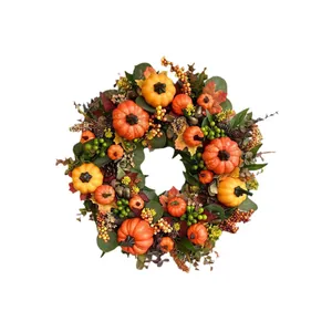Golden autumn pumpkin wreath with maple leaves and berries for front door festive decor
