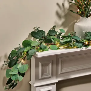 Artificial Eucalyptus Garland With LED Lights Pre-Lit Christmas Rattan Greenery For Home Mantle Fireplace Stair Decor
