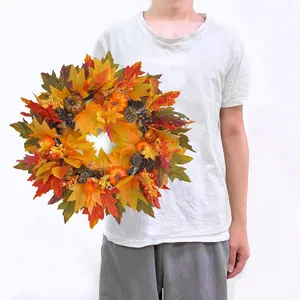Hand-held 50cm autumn wreath with maple leaves, pumpkins and pinecones for front door decor