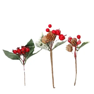 Artificial Christmas berry picks set with red berries, pine cones and green leaves for decor