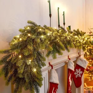 Artificial Christmas Pine Needle Garland With Warm White LED String Lights PE Soft Glue Cedar Leaf Simulation Vine For Fireplace Door Decor
