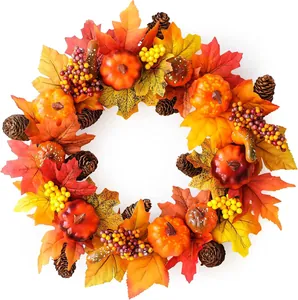 15-inch artificial autumn wreath with faux pumpkins, maple leaves, and pine cones
