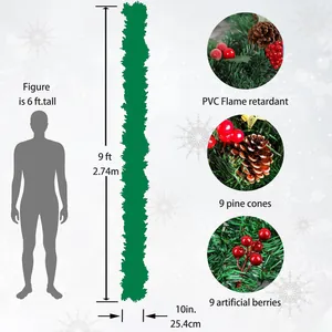 9ft fire-resistant PVC Christmas garland with realistic pine cones and red berries