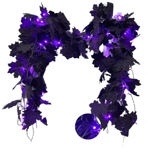 Black Halloween maple leaf garland with purple LED lights for indoor home party decor