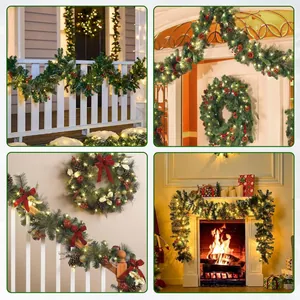 Christmas pine garland with red berries and pinecones on staircase and fireplace