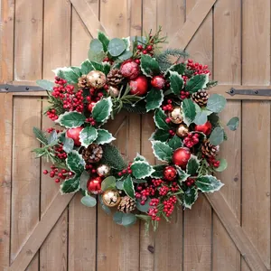 Künstlicher Weihnachtskranz Mit Roten Beeren Natürlichen Kiefernzapfen Und Kugeln Für Haustür Wanddekoration Festliche Handgemachte Girlande