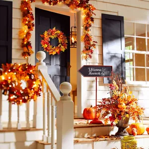 15-inch artificial fall wreath set with LED maple lights and decorative pumpkins
