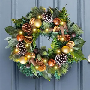 Artificial Christmas Wreath With LED Lights Pine Cones PE Greenery Decoration Front Door Wall Hanging Holiday Party Home