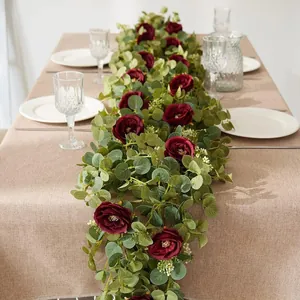 Guirnalda de Eucalipto y Rosas Artificiales Vintage Flores Burdeos Rojo Naranja Con Hojas de Satén para Boda Hogar Fiesta Navidad