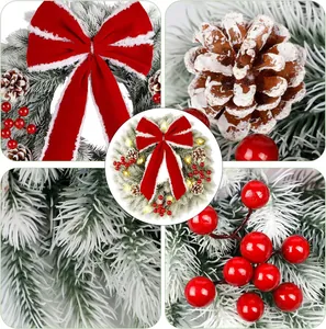 13-inch snowy PE Christmas wreath with red velvet bow, pinecones, and warm LED lights