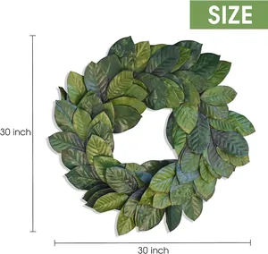 Detail view of 30-inch artificial green magnolia leaf wreath with diameter dimensions