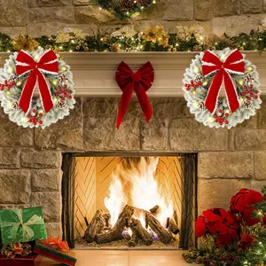 Set of 2 pre-lit PE Christmas wreaths with LED lights red bows and pine cones