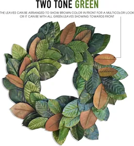 Detail of two-tone magnolia leaf wreath showing adjustable green and brown foliage texture