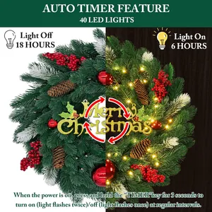 Christmas wreath with LED lights, pine cones, and red berries in on-and-off lighting modes