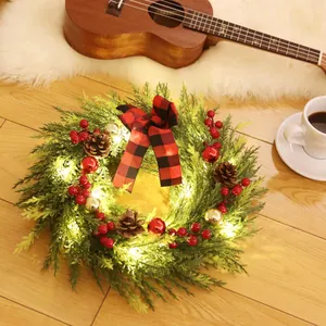 60cm Christmas wreath with LED lights, pine needles, red berries and buffalo plaid bow