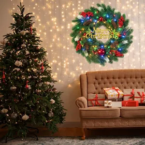 Christmas wreath with LED lights, pine cones, and red berries for festive door decoration