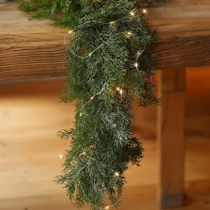 Realistic PE Pine Needle Christmas Garland Warm LED Light Frosted Snow Pine Cone Red Berry Flexible Xmas Decorative Rattan