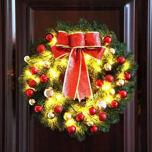 13-inch PE Christmas wreath with LED lights, red bow and ornaments for front door