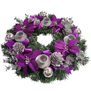 Weihnachts Adventskranz Mit 4 Kerzenhaltern Lila Weihnachtsstern Silber Kiefernzapfen Satin Schleife Weihnachtsguirlande Dekor