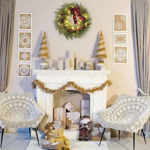 Detailed Christmas wreath with LED lights and festive decorations in a cozy setting