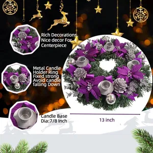 Violetter 33cm Adventskranz mit 4 Kerzenhaltern und silbernen Tannenzapfen Deko