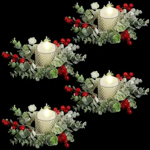 Kerstkaars Ring Krans Met Rode Bessen Bevroren Eucalyptus Bladeren Glazen Houder LED Waxinelichtje Tafel Centerpiece Kerstdecoratie
