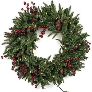 Künstlicher Weihnachtskranz Mit LED Lichtern Tannenzapfen Roten Beeren Beflocktem Schnee Juteschleife Hängende Dekoration Für Haustür Fenster