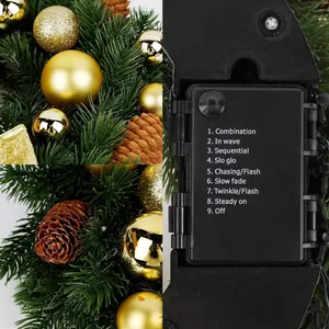 40cm PE Weihnachtskranz mit goldenen Kugeln Tannenzapfen und 9-Modi-LED-Steuerung