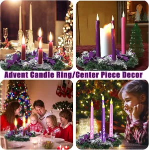 33cm Adventskranz mit lila Blüten, Tannennadeln und LED-Stumpenkerzen für Weihnachten