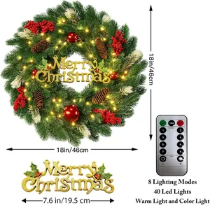 Detailed view of 18 inch Christmas wreath with LED lights, pine cones and remote control