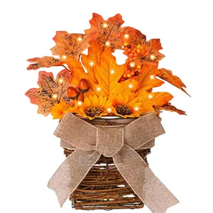 Fall Wreath Decor LED Sunflower Maple Leaf Berry Basket Thanksgiving Harvest Front Door Hanging Ornament Burlap Bow Home Decor
