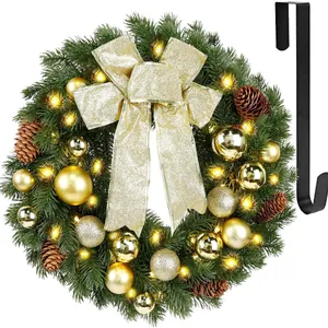 Weihnachtskranz PE Tannennadel Gold Schleife Kugel Zapfen Warmweiß LED Licht Wasserdicht Türhänger Haken Festliche Deko