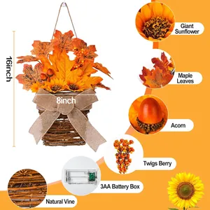Artificial fall harvest basket with 20 LED sunflowers, maple leaves, and berries for front door