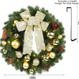15-Zoll beleuchteter Weihnachtskranz mit goldenen Schleifen, Zapfen und Türhänger