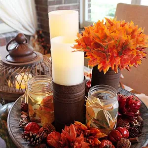 Artificial maple leaf branches in orange red autumn colors for farmhouse table centerpiece