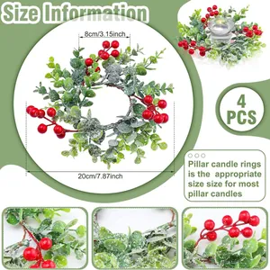 Set van 4 kerstkaarsringen met bevroren bladeren en rode bessen, buitendiameter van 20 cm