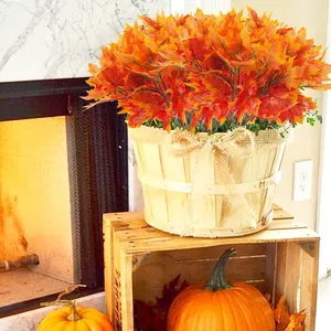 Artificial maple leaf branches in woven basket for farmhouse Thanksgiving table decor