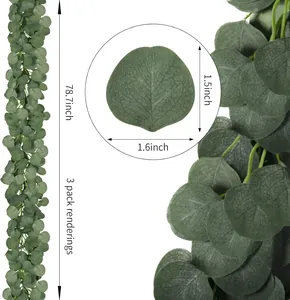 Detail of 3-pack artificial eucalyptus garlands with size specs and leaf texture