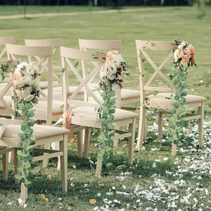 Artificial eucalyptus garland with pink and white roses for wedding chair back decoration