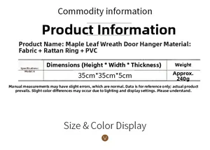 Size chart showing 35cm autumn maple leaf wreath with rattan ring and berries details
